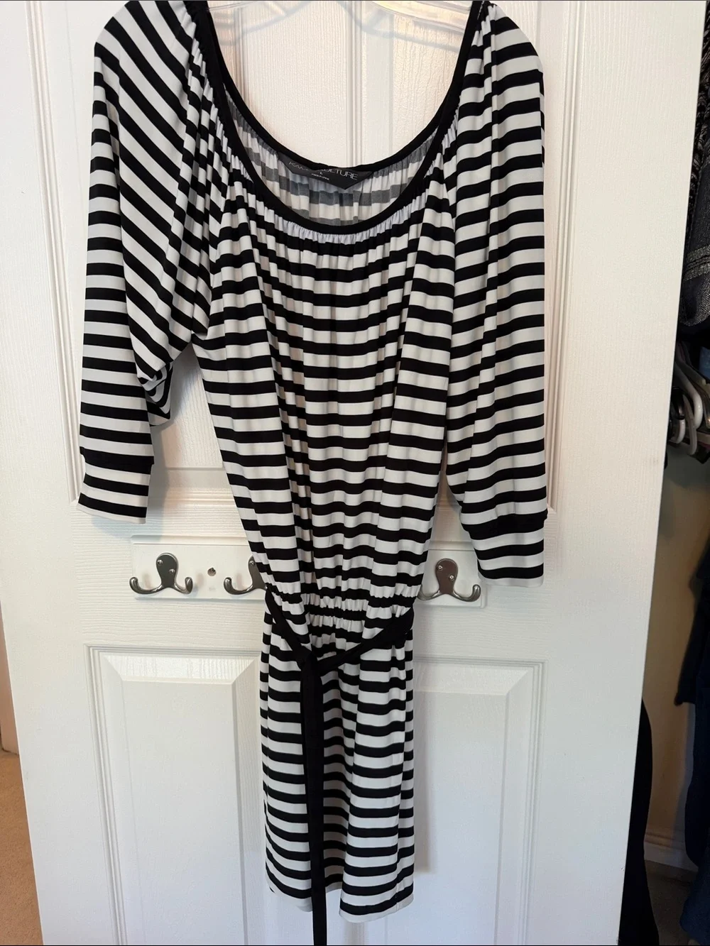 Black & White Striped Women's Dress with Tie Waist